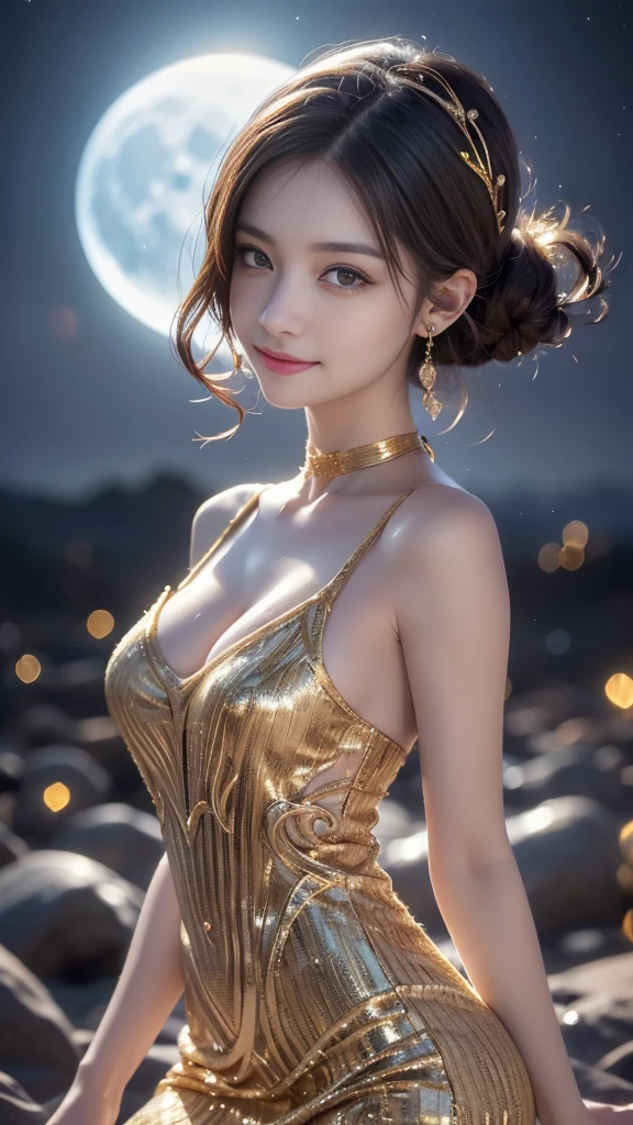 Body portrait, 8K, Slender beautiful eyes, Tyndall effect, masterpiece, Top quality, high quality, high resolution, Very detailed photos, (Natural skin texture, Delicate skin, Surrealism, Super sharp), High Detail Skin, (very good, Delicate skin texture, Intricate details, Pretty Face, Realistic face, Realistic eyes, Beautifully detailed eyes, Realistic skin, Beautiful Skin, Surrealism, Very detailed golden ratio, Smiling eyes, Night moonlight background, Body portrait, Glamorous, Sexy knitted dress,