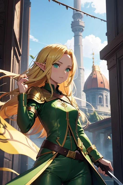 An anime-style image featuring Lyria Vaeloria, a distinctly feminine 16-year-old elf with golden hair and deep green eyes. She is dressed in green leather trousers and is in a combat-ready stance at a magic and sword-fighting academy. The background should showcase the majestic academy with elements such as towering spires, grand windows, and house banners symbolizing various schools of magic. The foreground should have her in focus, with subtle but clear feminine features, engaging in a mock battle or training session. The academy's training area may include magical inscriptions, training dummies, and students practicing different forms of combat, all within a vivid and detailed anime setting.