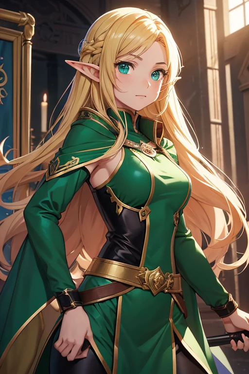 An anime-style image featuring Lyria Vaeloria, a distinctly feminine -yeld elith golden hair and deep green eyes. She is dressed in green leather trousers and is in a combat-ready stance at a magic and sword-fighting academy. The background should showcase the majestic academy with elements such as towering spires, grand windows, and house banners symbolizing various schools of magic. The foreground should have her in focus, with subtle but clear feminine features, engaging in a mock battle or training session. The academy's training area may include magical inscriptions, training dummies, and students practicing different forms of combat, all within a vivid and detailed anime setting.