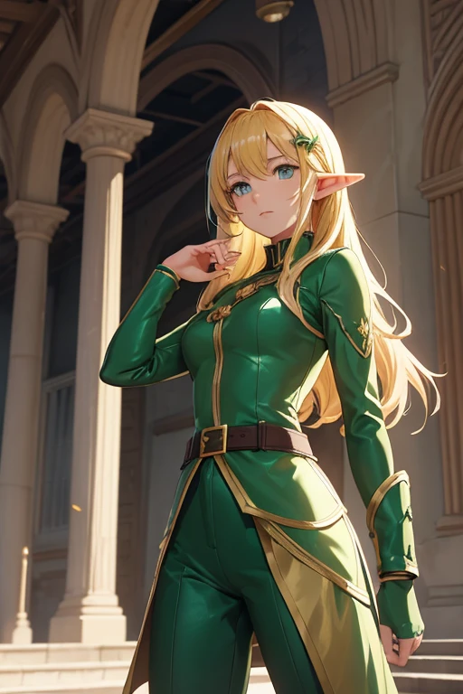 An anime-style image featuring Lyria Vaeloria, a distinctly feminine 16-year-old elf with golden hair and deep green eyes. She is dressed in green leather trousers and is in a combat-ready stance at a magic and sword-fighting academy. The background should showcase the majestic academy with elements such as towering spires, grand windows, and house banners symbolizing various schools of magic. The foreground should have her in focus, with subtle but clear feminine features, engaging in a mock battle or training session. The academy's training area may include magical inscriptions, training dummies, and students practicing different forms of combat, all within a vivid and detailed anime setting.