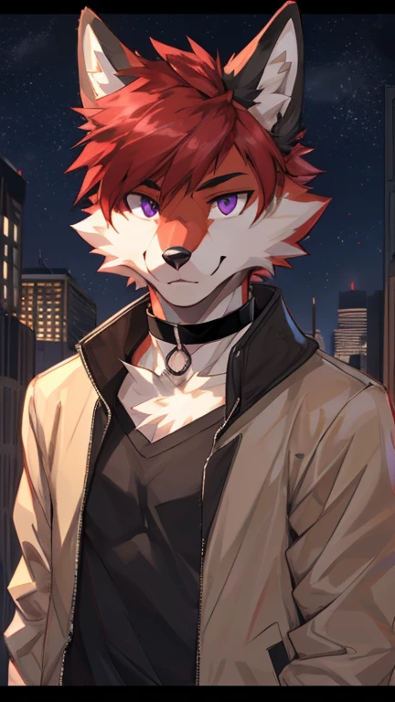 (Artist by zackary911, 8k, high quality, detailed eyes and fur, night, residents background), solo, male fox, anthro, red satured fur, red body, male body, purple eyes, black ears, red hair, short hair, hair cover eye, hands white, choker, eyeliner black, beige jacket, black shirt,