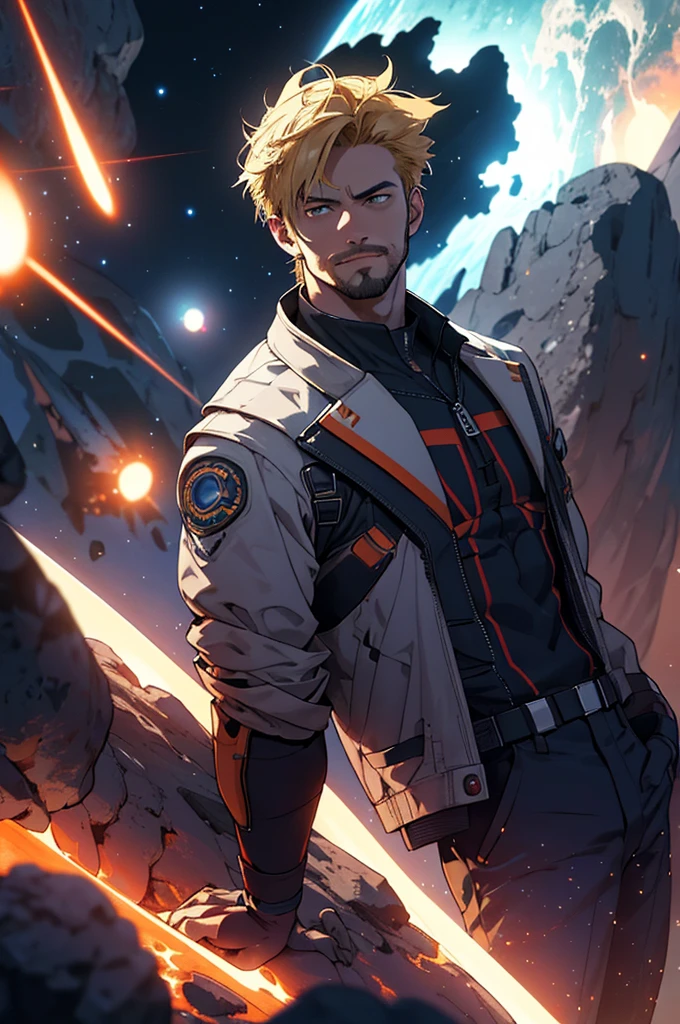 a young programmer sitting on a research platform floating in the middle of the asteroid belt, surrounded by several asteroid glowing like flames, dramatic lighting from distant stars and planets casting deep shadows on his suit, the youth looks confident and determined, gazing in wonder and reverence at the vast and mysterious universe, facial hair, cowboy shot, blonde hair, high resolution, wolfcut, slender build, smug expression, 3D isometric, blurred background, abstract