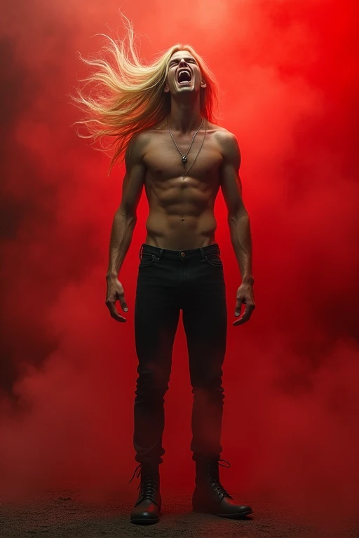 Make a young man tall and thin, blond with long hair wearing black pants and black boots, screaming with hatred, in a red environment