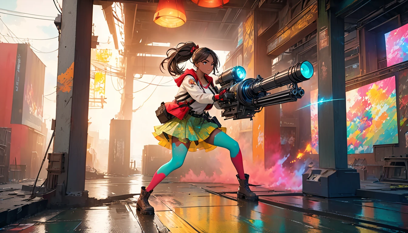 Long shot, unreal engine:1.4,CG K ultra realistic, photorealistic:1.4, skin texture:1.4, artwork 1girl, (dark skin:1.5), Gatling gun, standing on the right side of image, Casing, looking at viewer, dynamic pose, Blows, ammunition belt, gloves, large breasts not disproportionate, shooting , extremely detailed:1.4, more detailed, optical mix, playful patterns, animated texture, unique visual effect, or cyberpunk yellow color, red pantyhose, yellow leather miniskirt, masterpiece, ((colors, cyan, greens, pink, brown: 1.2)), 8k realistic digital art)), 32k