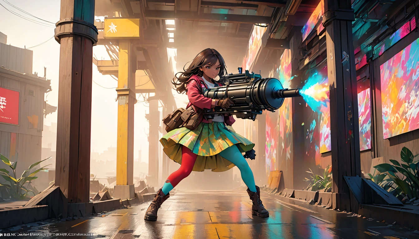 Long shot, unreal engine:1.4,CG K ultra realistic, photorealistic:1.4, skin texture:1.4, artwork 1girl, (dark skin:1.5), Gatling gun, standing on the right side of image, Casing, looking at viewer, dynamic pose, Blows, ammunition belt, gloves, large breasts not disproportionate, shooting , extremely detailed:1.4, more detailed, optical mix, playful patterns, animated texture, unique visual effect, or cyberpunk yellow color, red pantyhose, yellow leather miniskirt, masterpiece, ((colors, cyan, greens, pink, brown: 1.2)), 8k realistic digital art)), 32k