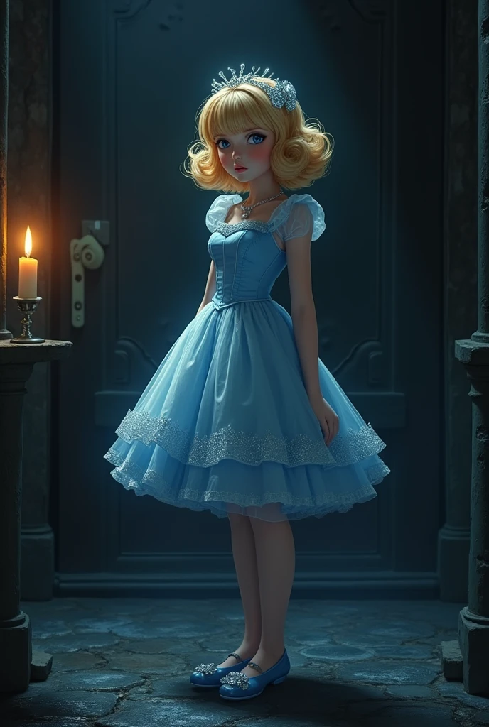 Cinderella,Cinderella,Yandere,blond,Retro hairstyle,Diamond hair ornaments,blue shoes,Crystal Slippers,Disdainful expression,Yandere,In the pitch-black palace,Candle