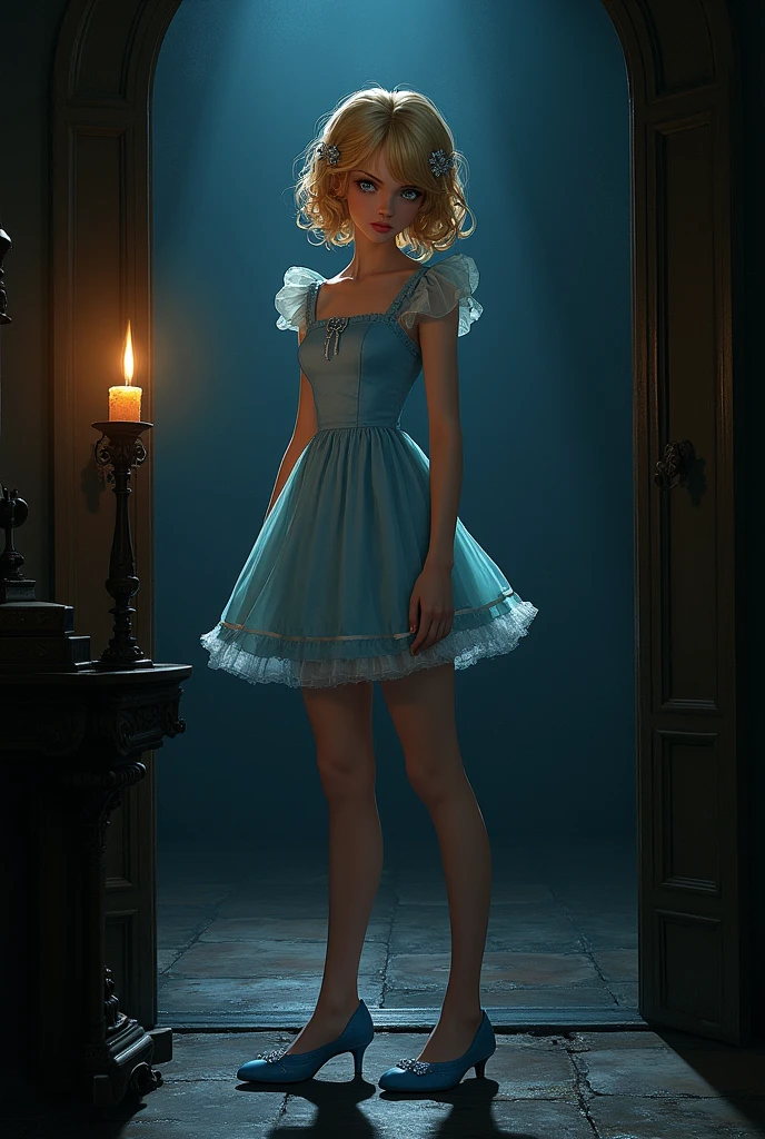Cinderella,Cinderella,Yandere,blond,Retro hairstyle,Diamond hair ornaments,blue shoes,Crystal Slippers,Disdainful expression,Yandere,In the pitch-black palace,Candle