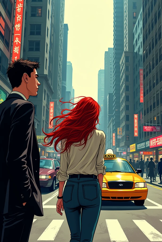 Draw that the ceo eye shifts to a girl with red hair walking In the street and the she catches the taxi and goes in manhwa style
In comic
