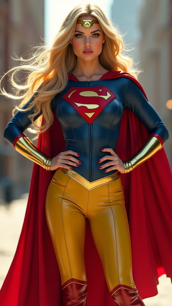A beautiful woman with long blonde hair three feet long wearing the costume of the Kryptonian Kara Zor-El aka Supergirl Outfit Blue and red leather jacket Red corset with Superman emblem on her chest Yellow leather pants Red knee-high boots with gold trim Long gold bracelets Headband with Superman logo or emblem on her forehead