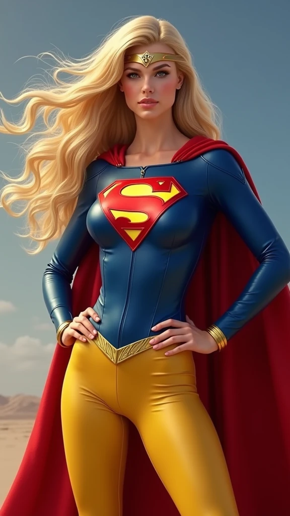 A beautiful woman with long blonde hair three feet long wearing the costume of the Kryptonian Kara Zor-El aka Supergirl Outfit Blue and red leather jacket Red corset with Superman emblem on her chest Yellow leather pants Red knee-high boots with gold trim Long gold bracelets Headband with Superman logo or emblem on her forehead