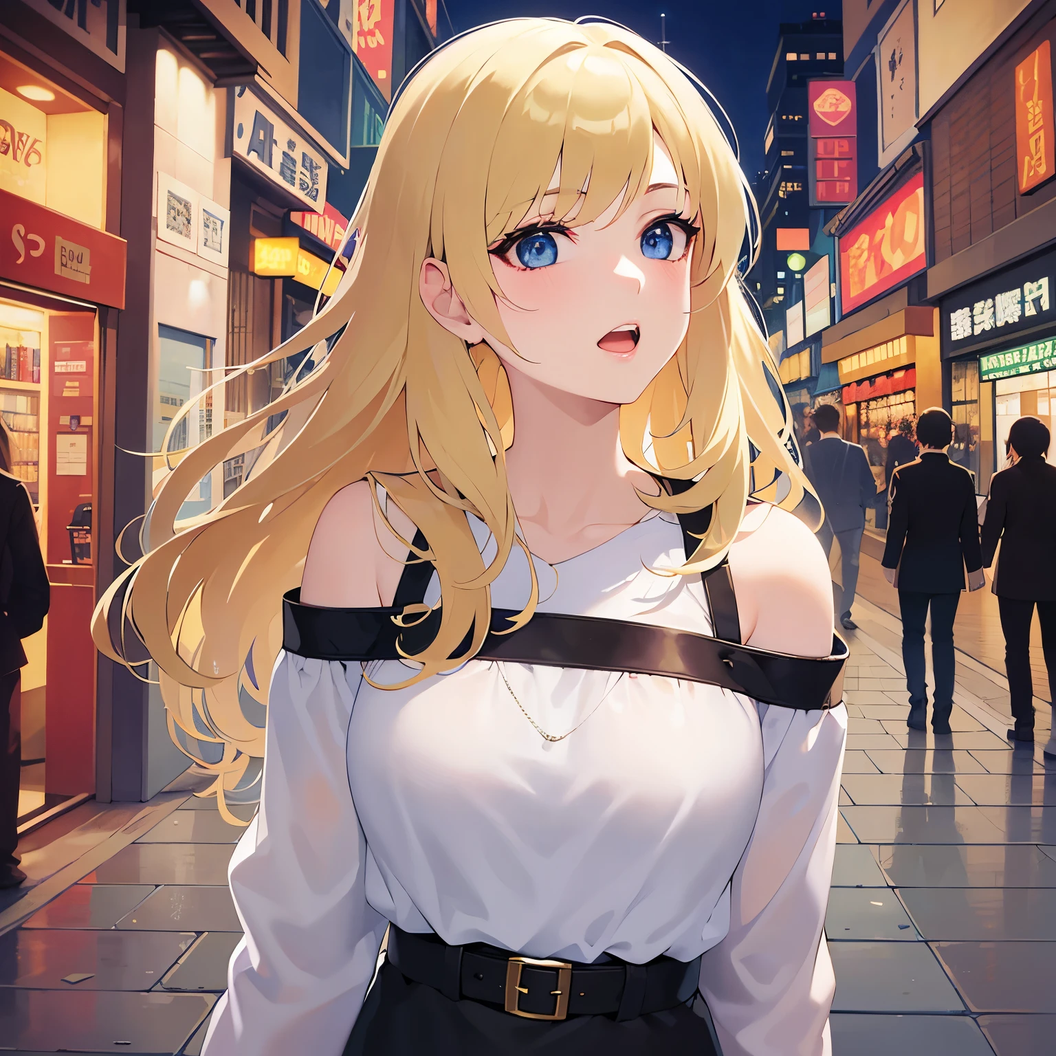 side angle, Upper Body, Realistic, real person, (pale skin: 1.2), RAW photo, photorealistic, shiny skin, shiny hair、(A 25-year-old woman with medium-length hair and bangs) and (wavy hair) and (Blonde Hair) and (green eyes) , (white) and (off shoulder blouse) 、angry, open mouth, (blush:1.3), The background is a shopping street at night、Alone、Are standing