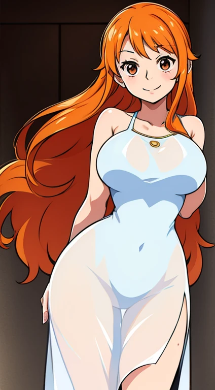 Generar una imagen realista de estilo anime de Nami de One Piece. Captura su apariencia distintiva con cabello naranja, and a cheerful expression. Make sure the picture reflects your adventurous and confident personality as shown in the anime.., cuerpo completo, Plano amplio , NSFW, Curvy athletic body, ojos naranjas, ojos naranjas, armpits, nude, desnudo, bathing, ducha, night, ass, culo