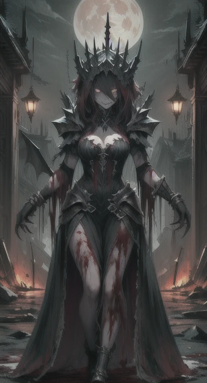 Dark and Torn, ((Lonely 1 Dark Malicious Underworld Woman Evil Smile, I narrowed my eyes.:1.3)), Beautiful muscular body, intense expression,、Bloody、bleeding from the head,,,,、Blood splatter、,(Blood splatter:1.4), he has a gun, (Clothing color, warm, orange, yellow, violet: 1.3), shortageれ果てた野原に立つ, Dramatic lighting, Strong Shadows, Sand Texture , High Contrast, Bright colors, Dynamic pose, Strong stance, shortageんだ背景, Explosive atmosphere, Dystopia Theme, Surreal elements, Digitally drawn illustrations, High resolution, Intricate details, Dramatic composition, Avant-garde and chaotic brushwork, Gothic style, Intense emotions, 、Bloody、bleeding from the head,,,,、Blood splatter、,(Blood splatter:1.4),Scale Epic, to be born々shortage々Rough and gritty, A fascinating and provocative work of art..