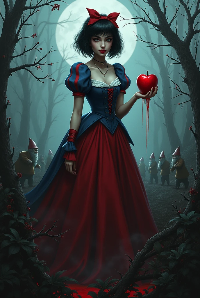 The Villainous Snow White,Seven dwarfs,Yandere,Black short hair,Black short hair,Red lips,Blue and red vintage princess dress,Holding a red apple,Blood drips on the red apple,In the black bramble field