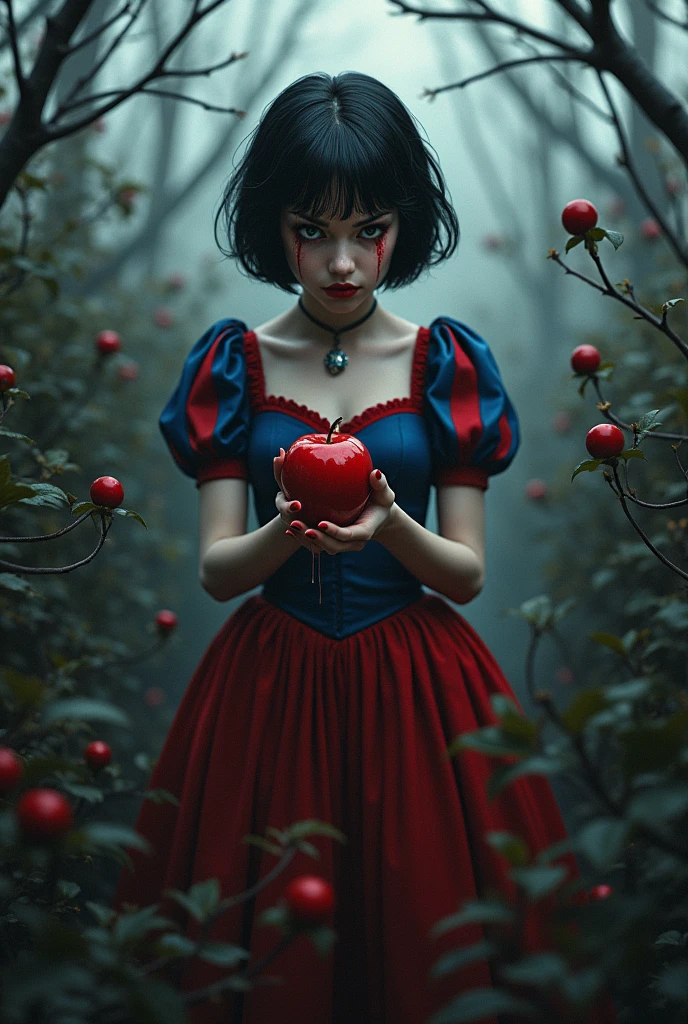 The Villainous Snow White，Seven dwarfs，Yandere，Black short hair，Black short hair，Red lips，Blue and red vintage princess dress，Holding a red apple，Blood drips on the red apple，In the black bramble field