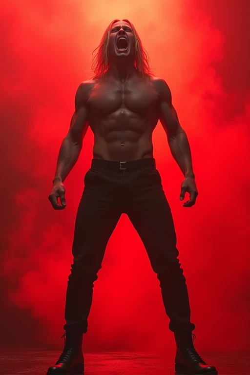 Make a tall young man with a normal body, blond with long hair, wearing black pants and black boots, shouting with hatred, in a red environment