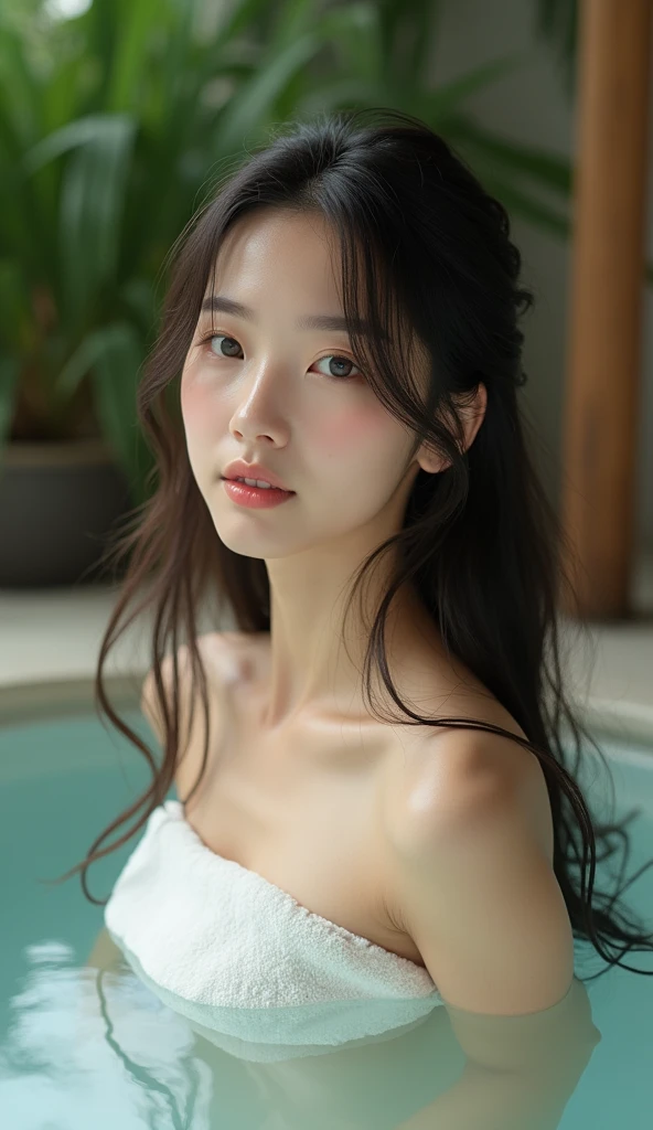 masterpiece、8hair、Highest quality, Soft Light, Ultra-high resolution, (Realistic:1.4), Open-air bath, Cover your breasts with a towel,RAW Photos,24 year old Japanese, alone, cute, Cool women、(pupil, light in your eyes), Beautiful face in every detail,(High resolution detail of human skin texture)