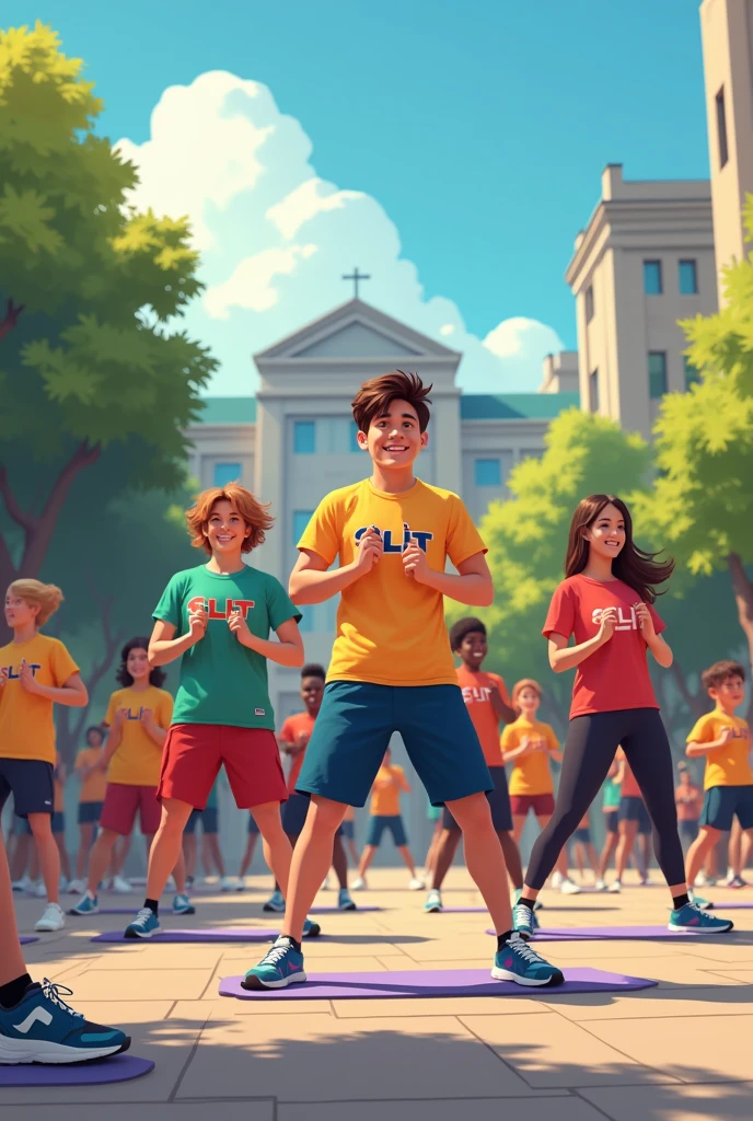Bunch of student doing excersie in university ,SLIIT printed on their t shirt
