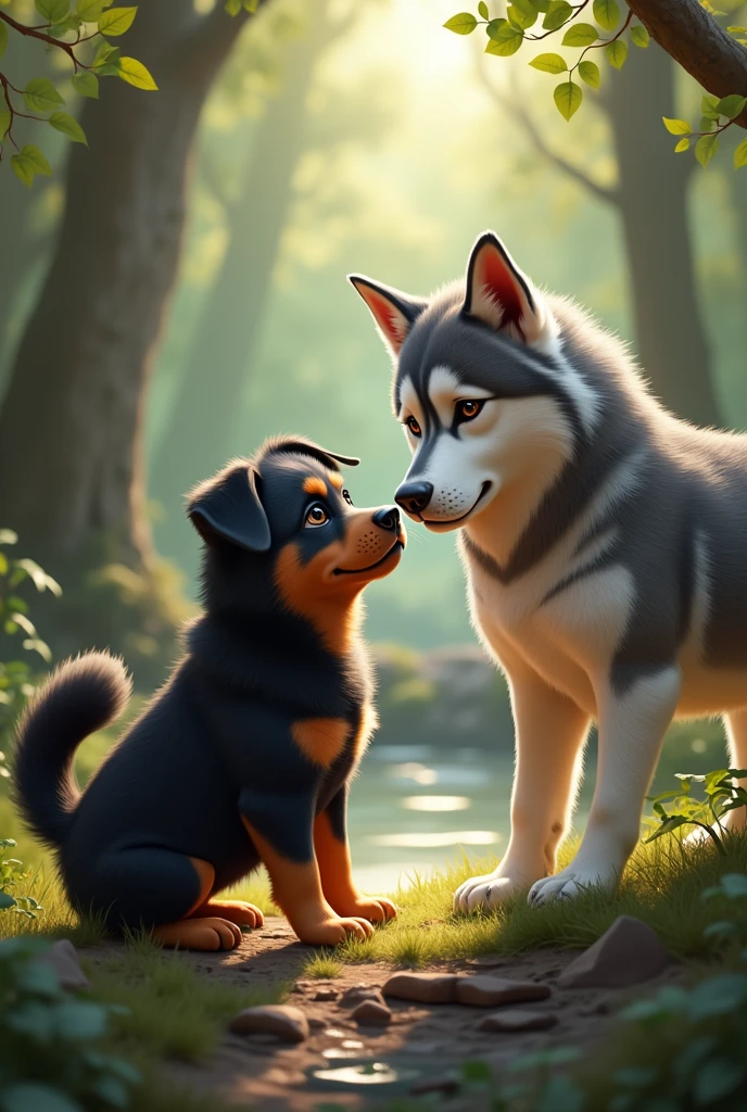in a forest with 2 dogs one dog is German shepherd and white shemoyed with sparkling blue eyes