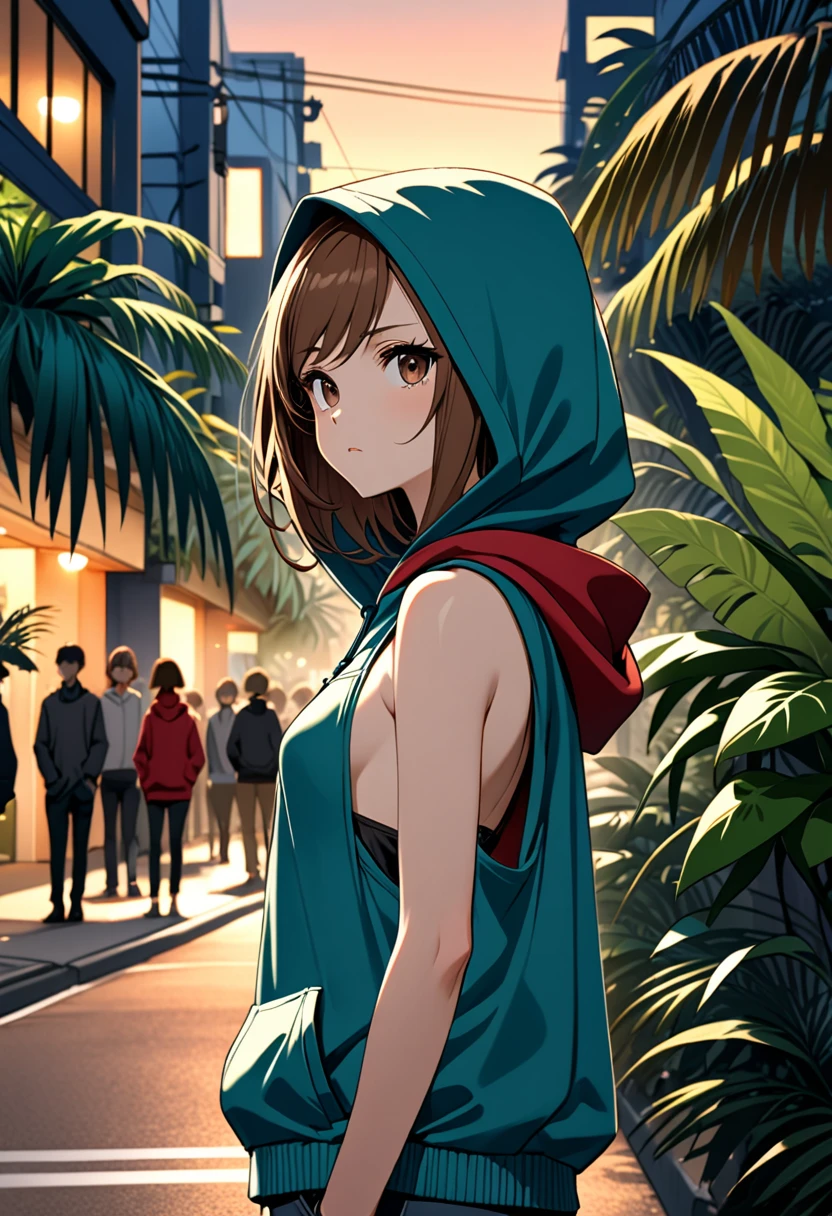 【Highest Quality, masutepiece】 [young woman, expressioness,deep brown eyes, front facing,swept bangs, very long brown hair, teal knit cloth, black jeans, open sleeveless red hoodie, hood up, stoic, hands in pockets, Upper body] (Gloomy background:1.2),small breasts ,street at dusk, tropical plants, trees, people in background, 