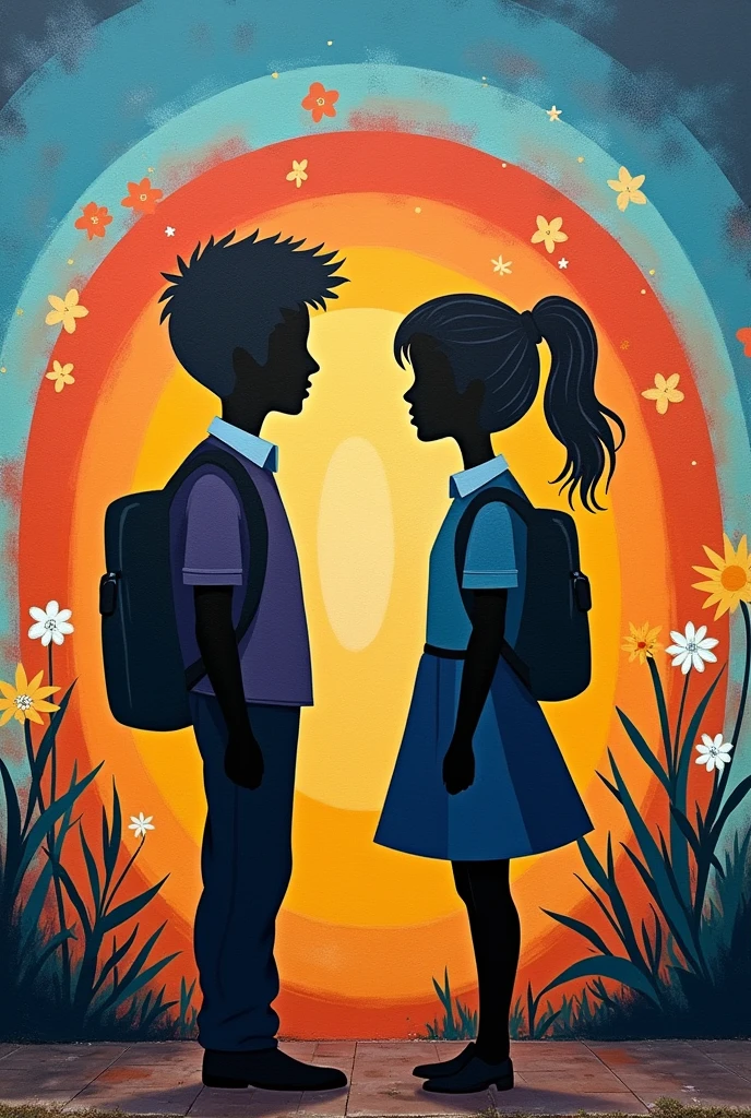 A mural of the value of prudence in school art muralism, that there are simply two silhouettes and that the values are conceptual and that the people are not realistic, but rather they be simple, and a bit more colorful and expressive, more expressive and educational 
