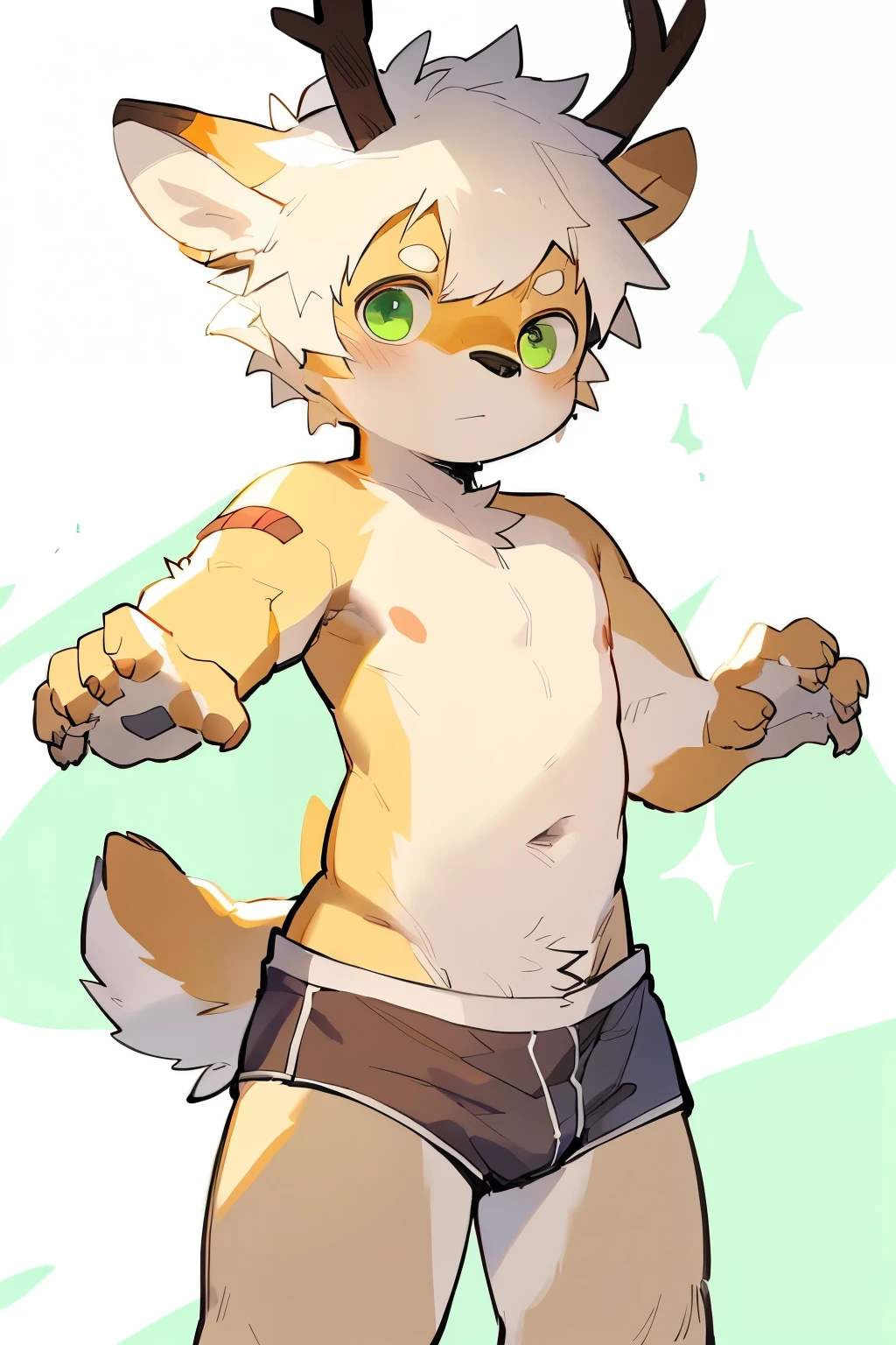 masterpiece, best quality, Perfect anatomical structure, Bright Eyes, Big watery eyes, From milkytiger1145, author:K0BIT0WANI,Solitary, deer , Delicate face, Rude face, Detailed body, whole body, 5 fingers, Detailed hands, Green Eyes, Delicate eyes, Raise your eyebrows, short hair, Brown fur, 2 arms,Upturned butt , 男士underwear, underwear, Patch Riggs,((Boy,shota)),boy,Pino Deheny, Carney announced, milkytiger1145,