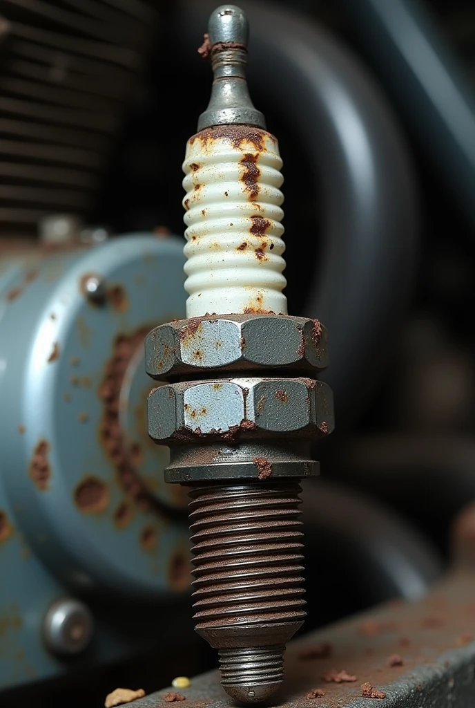 Motorcycle spark plug with signs of wear and tear, somewhat broken, and with corrosion