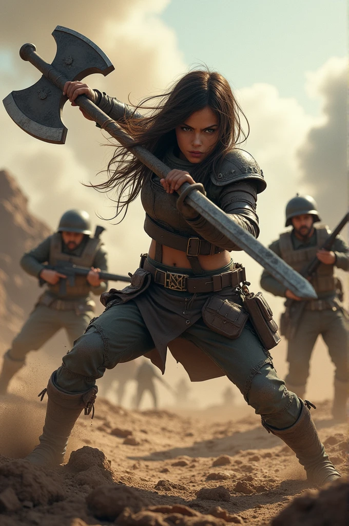 A woriar girl fight with solgers