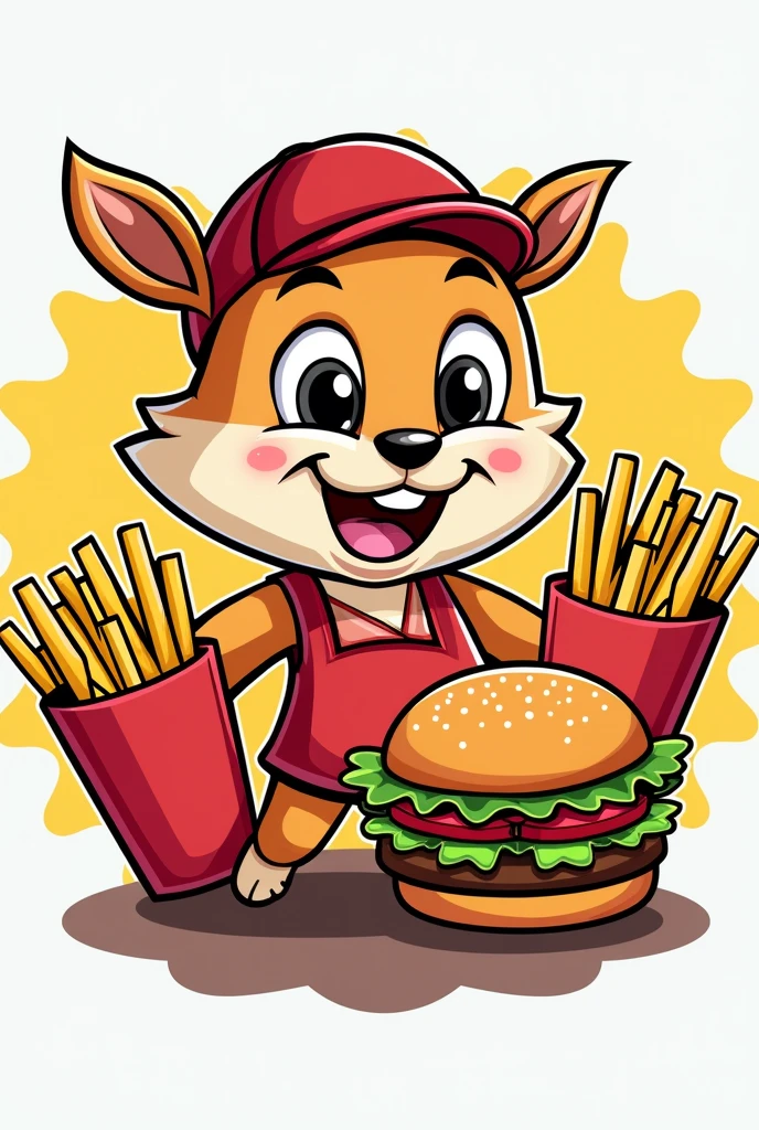 Give me a logo of a fast food truck character that has fries and a burger around it