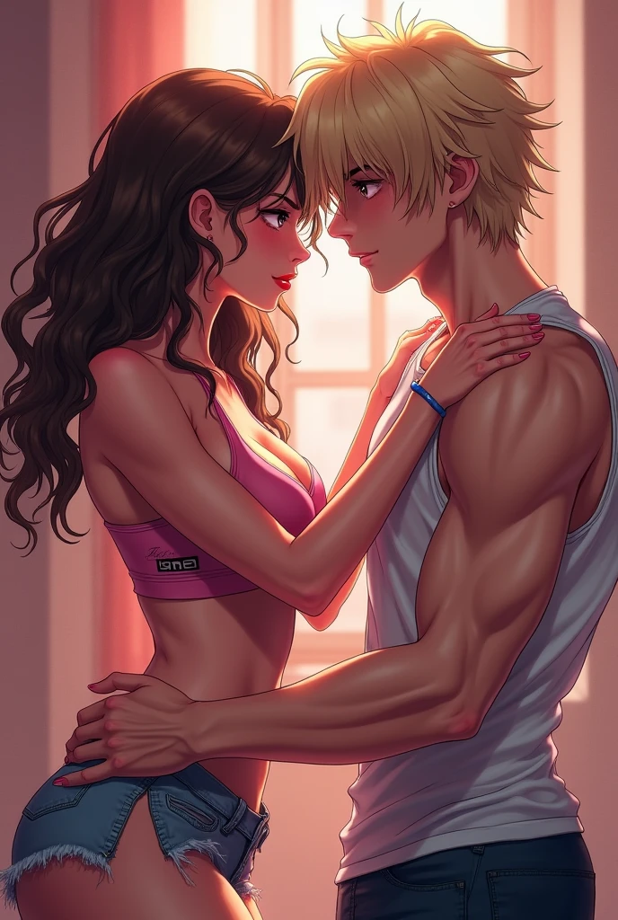 One young woman, white, 20 year, pink skin tone, eyes browns, brown curly hair, transacting intensely, naughty man, 20 year, offwhite, blue colored eyes, hair blonde, medium short cut, in a gym, in the style of hentai art