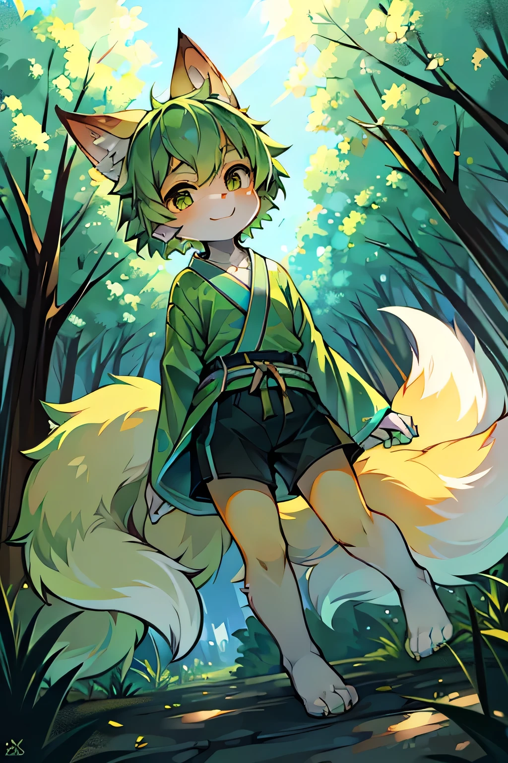 1 person,Small child,Cheerful face,Short Hair,Yellow-green hair,Fox ears with a yellowish-green color,6 tails,light green kimono,Shorts,White skin