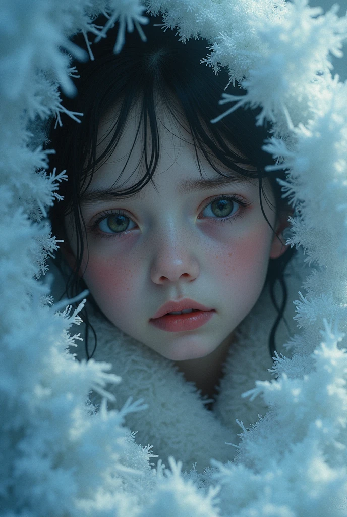 A crying girl in a crystal castle, in a very cold winter, detailed face, beautiful detailed eyes, beautiful detailed lips, extremely detailed eyes and face, long eyelashes, porcelain skin, delicate features, cold air, icy crystals, snowflakes, icy landscape, snowy environment, soft lighting, dramatic lighting, cinematic, muted colors, cool tones, masterpiece, (best quality,4k,8k,highres,masterpiece:1.2),ultra-detailed,(realistic,photorealistic,photo-realistic:1.37),concept art, digital painting