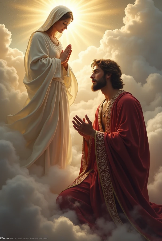 (photorealism:1.2), handsome and hunk Jesus Christ, kneel and kissing the foot of virgin Mary floating from the heaven that sorrounded of many clouds, wearing and cover his body of the elegant maroon gown of the king sorrounded of many diamonds with light in his head and heart spreading all over, the eyes is close while praying, complete five finger, real feet, real beautiful hair, real image, heaven outdoors, bright lighting, clouds in background, beautiful light, real heaven and clouds, relaxed pose, realistic, intricate details, bright colors,