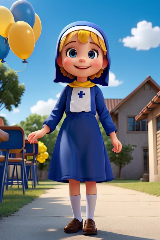 A happy ****** nun with blue and yellow balloons and a school behind her