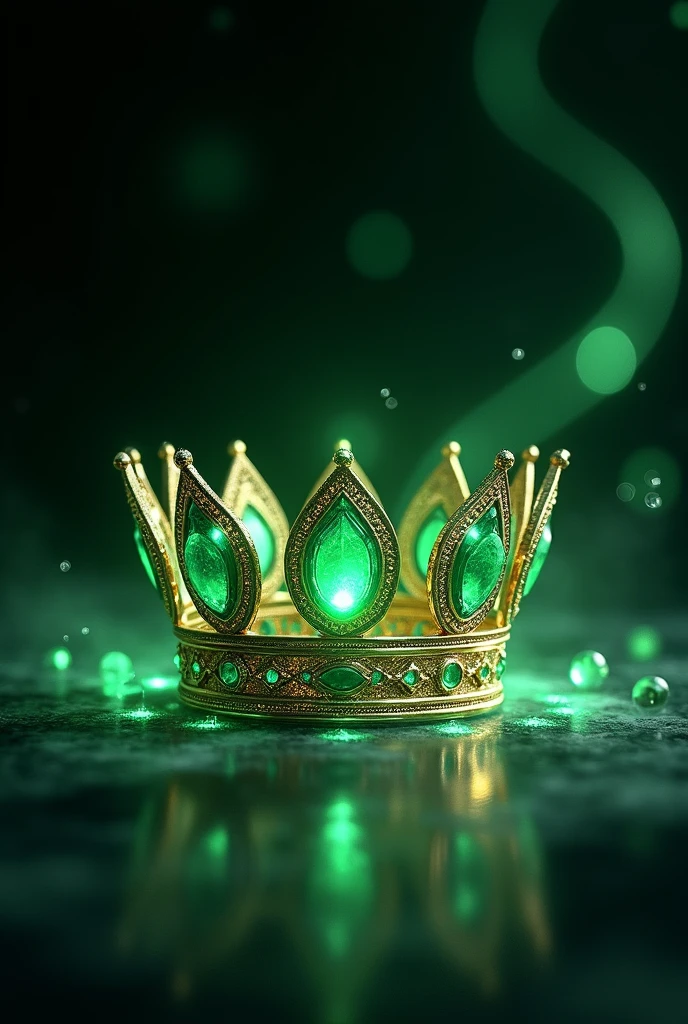 Create an image of a luxurious emerald green gemstone crown floating above a dark, reflective surface. The crown should be intricately designed with gold accents, encrusted with glowing emeralds that emit a soft light. Surrounding the crown, delicate streams of emerald green light rise from the surface, twisting and swirling like tendrils of energy. The background should be deep black with subtle, shimmering green particles that add depth and mystique to the scene, highlighting the crown as the centerpiece of elegance and power."