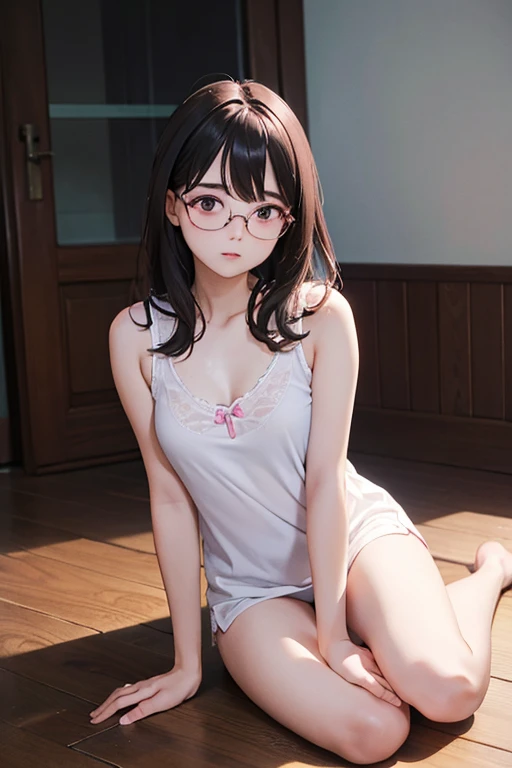 (best quality,photorealistic:1.37),vivid colors,ultra-detailed,physically-based rendering,"tabletop","expressive eyes","perfect face","closed lips","small chest","barefoot","Akemi Homura standing","black hair","sitting on a chair","black-framed glasses","(((((sexy underwear)))))"