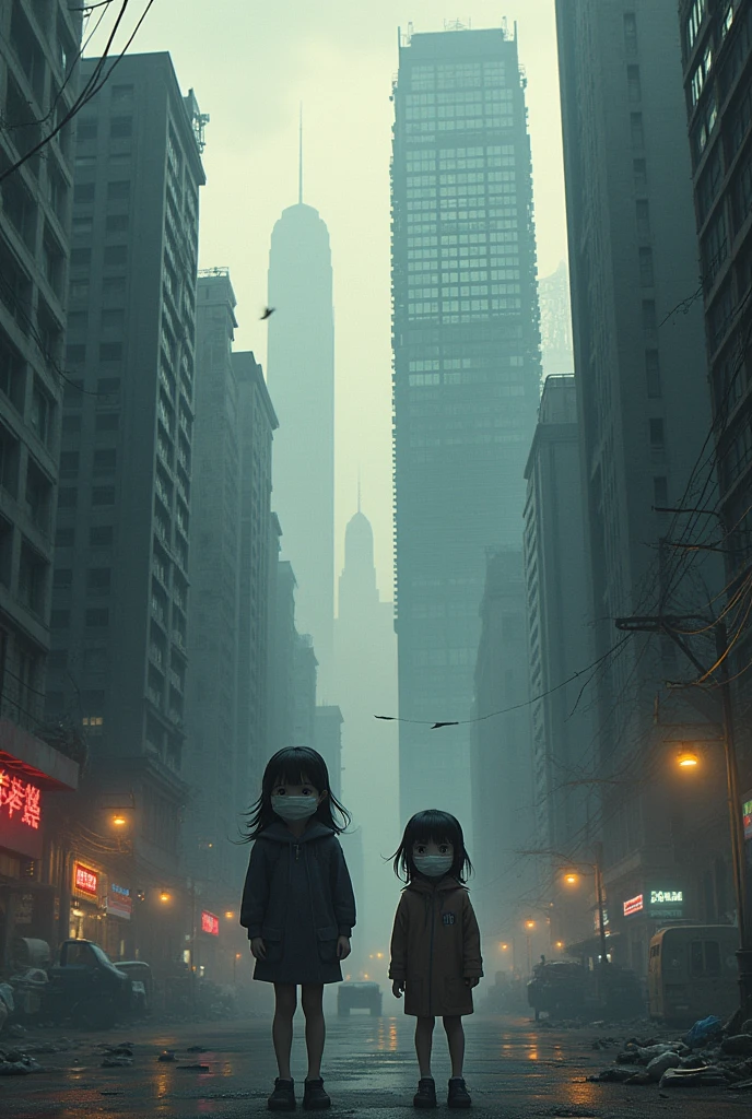 A polluted city with two girls coughing