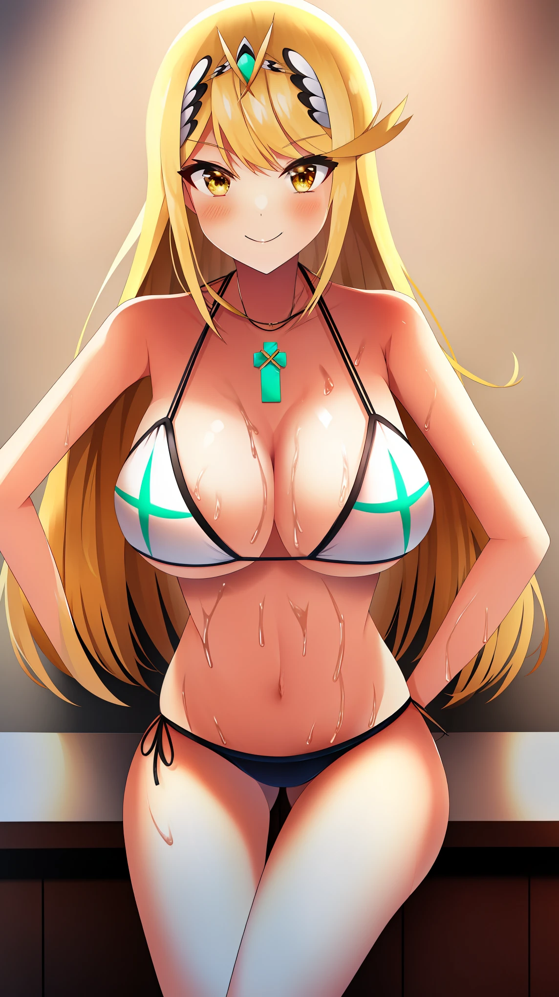 mythra, 1girl, solo, long_hair, breasts, looking_at_viewer, smile, bangs, blonde_hair, large_breasts, yellow_eyes, bikini, Hot cleavage, Big breasts, provocative