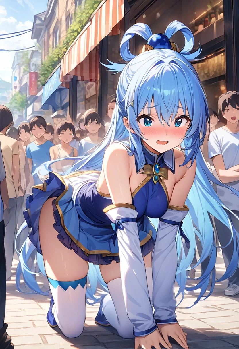 Long shot,ground shot, ground shot,glowing skin, high quality, masterpiece,beautiful girl, aqua /(konosuba/), long hair, blue eyes, hair ornament, very long hair, blue hair, hair rings, single hair ring,
blue skirt, blue shirt, thighhighs, bare shoulders, detached sleeves, white thighhighs, green bow,blue boots, not wearing underwear,unique, (very beautiful face,wink,blushing face),young,break,(sexy pose:1.3),top-down bottom-up, lift up the skirt,ass insert dildo,break,shopping street in the daytime,(surrounded by a crowd, (surprised and noticed by many people))