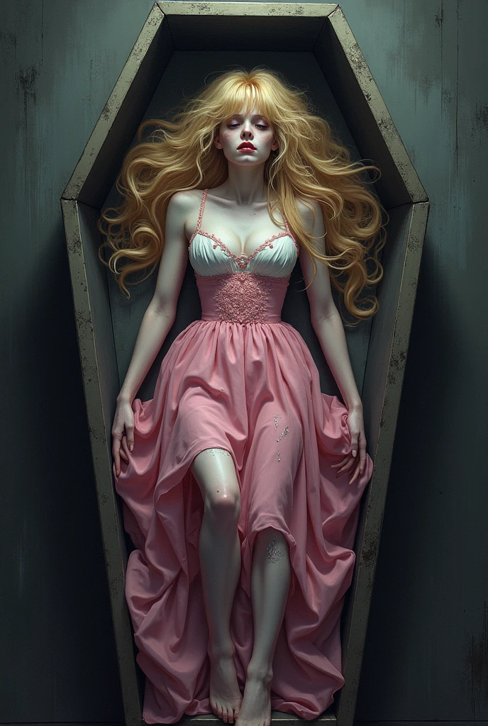 Sleeping Beauty Princess Aurora，Long curly blond hair，Pink skirt，The skirt is torn，Yandere，Lying in a coffin，Pale face