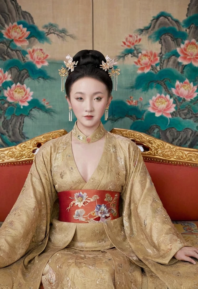 From the pre-Qing period, The Empress sits naked on a large golden sofa in the palace,  Her legs were spread, At the Chinese court during the Qing Dynasty, Empress of the Qing Dynasty, Wearing the great crown of the Chinese Empress, Belly and thighs visible from below.。She is completely naked, Showing off gorgeous large flowers and hairpins, She tied her hair up and pulled it up, 背景はEmpress of the Qing Dynastyの豪華な宮殿.