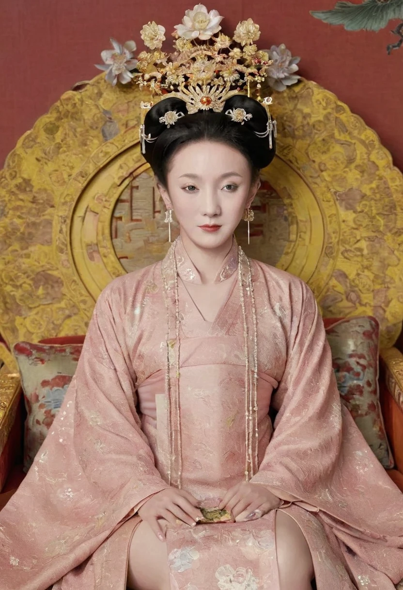 From the pre-Qing period, The Empress sits naked on a large golden sofa in the palace, Her legs were spread, At the Chinese court during the Qing Dynasty, Empress of the Qing Dynasty, Wearing the great crown of the Chinese Empress, Belly and thighs visible from below.。She is completely naked, Showing off gorgeous large flowers and hairpins, She tied her hair up and pulled it up, 背景はEmpress of the Qing Dynastyの豪華な宮殿.