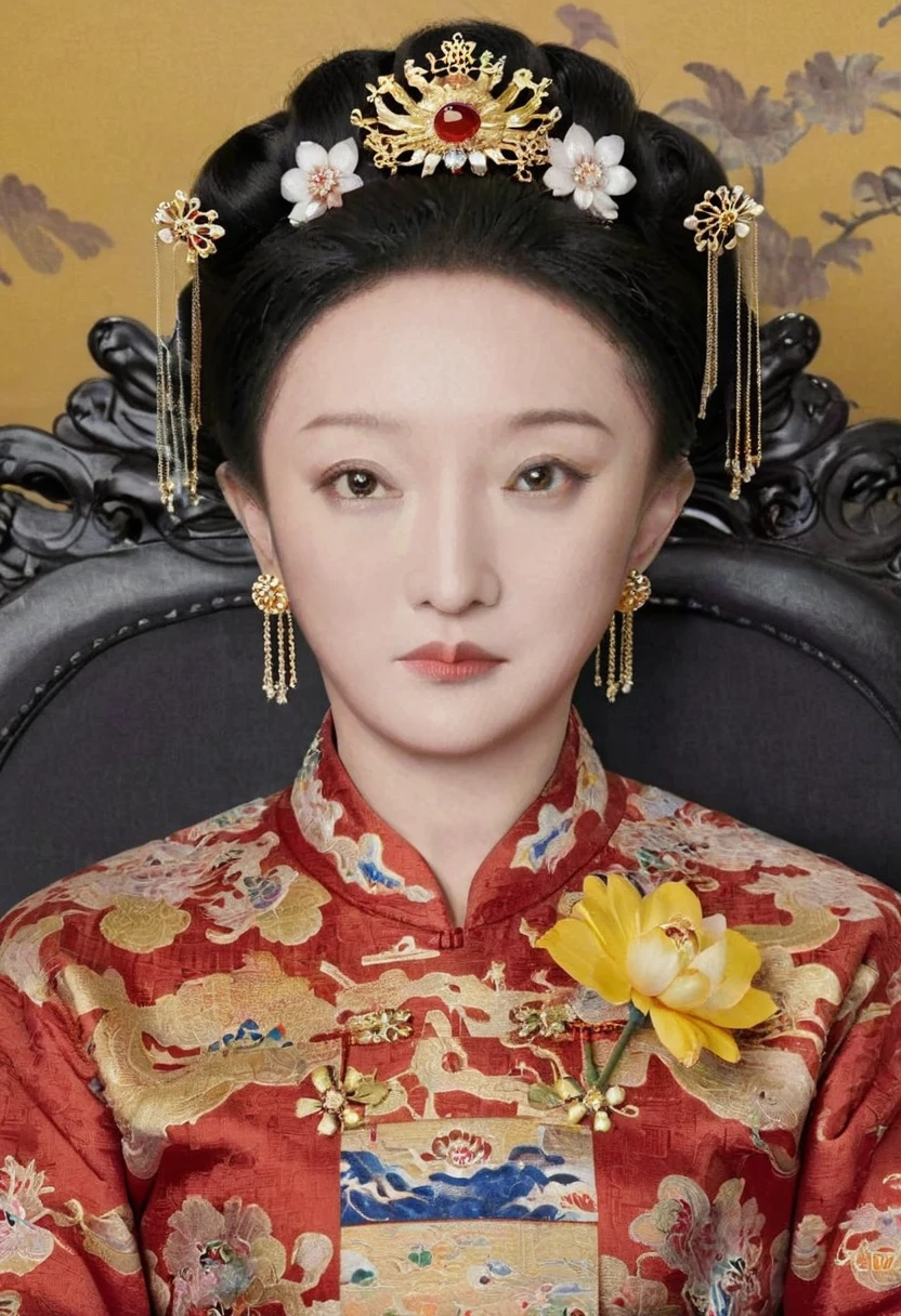 From the pre-Qing period, The Empress sits naked on a large golden sofa in the palace, Her legs were spread, At the Chinese court during the Qing Dynasty, Empress of the Qing Dynasty, Wearing the great crown of the Chinese Empress, Belly and thighs visible from below.。She is completely naked, Showing off gorgeous large flowers and hairpins, She tied her hair up and pulled it up, 背景はEmpress of the Qing Dynastyの豪華な宮殿.