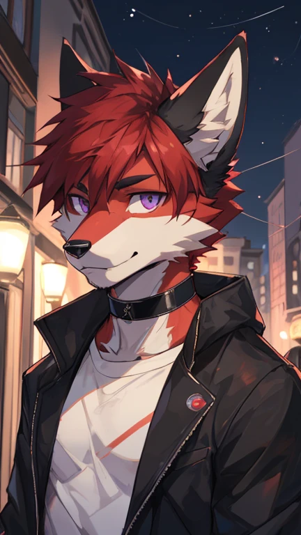 (Artist by zackary911, 8k, high quality, detailed eyes and fur, night, residents background), solo, male fox, anthro, red satured fur, red body, male body, purple eyes, black ears, red hair, short hair, hair cover eye, hands white, choker, eyeliner black, beige jacket, black shirt,