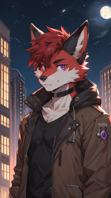 (Artist by zackary911, 8k, high quality, detailed eyes and fur, night, residents background), solo, male fox, anthro, red satured fur, red body, male body, purple eyes, black ears, red hair, short hair, hair cover eye, hands white, choker, eyeliner black, beige jacket, black shirt,