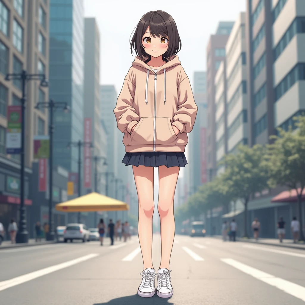Realistic, girl, hoodie, short skirt, smile, stand in the city, best realistic, characther, สมจริง, asian, white canvas shoes, real human