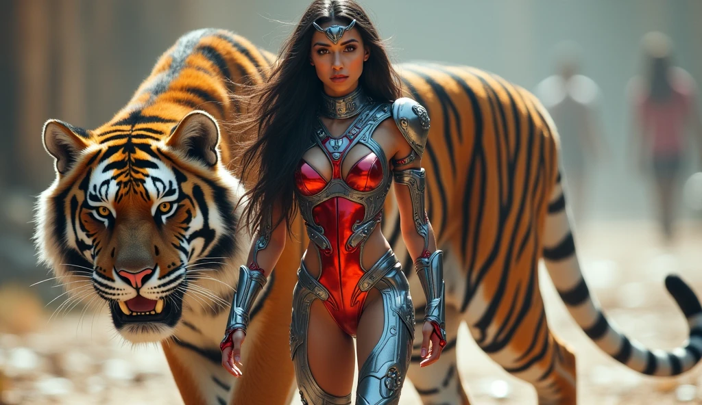 The girl is depicted as a striking and powerful figure with a strong, confident presence. She is dressed in a futuristic, cybernetic outfit that highlights her form. Her red outfit is a mixture of armor and sleek design, with red and silver tones that highlight her physique. The outfit includes intricate details such as metallic components and glowing elements, giving her a high-tech, warrior-like appearance. Three Giant Wild Saber-Toothed Tigers
Her long, dark hair flows behind her, and she has a focused, determined expression on her face. The girl also wears a headdress or tiara, which adds to her regal and menacing appearance. She appears to be walking with purpose, and behind her is a large, ferocious-looking tiger, which further emphasizes her powerful and protective nature. The overall scene suggests that she is a guardian or warrior, possibly in a sci-fi or fantasy setting, and the tiger appears to be her companion or protector. Three Giant Wild Saber-Toothed Tigers