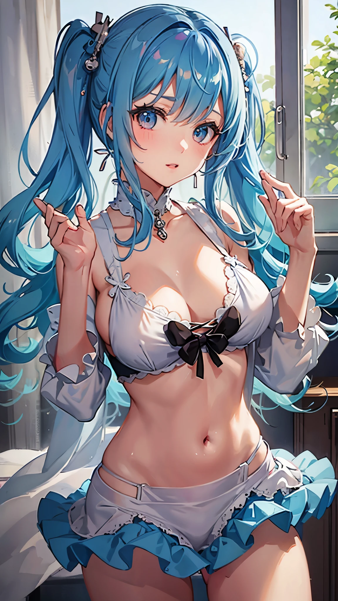 ((Highest quality)), ((masterpiece)), (detailed), high school girl、Light blue hair、twintails, spiral curls、Beautiful river、Slightly backlit、Revealing swimsuit、Ruffled mini skirt、Big thighs、Shoulders bare、Belly button、Cleavage、small breasts、Nipples erect、Sexy pose、looking at the camera、Red cheeks、Embarrassed expression、Sweat a lot、
