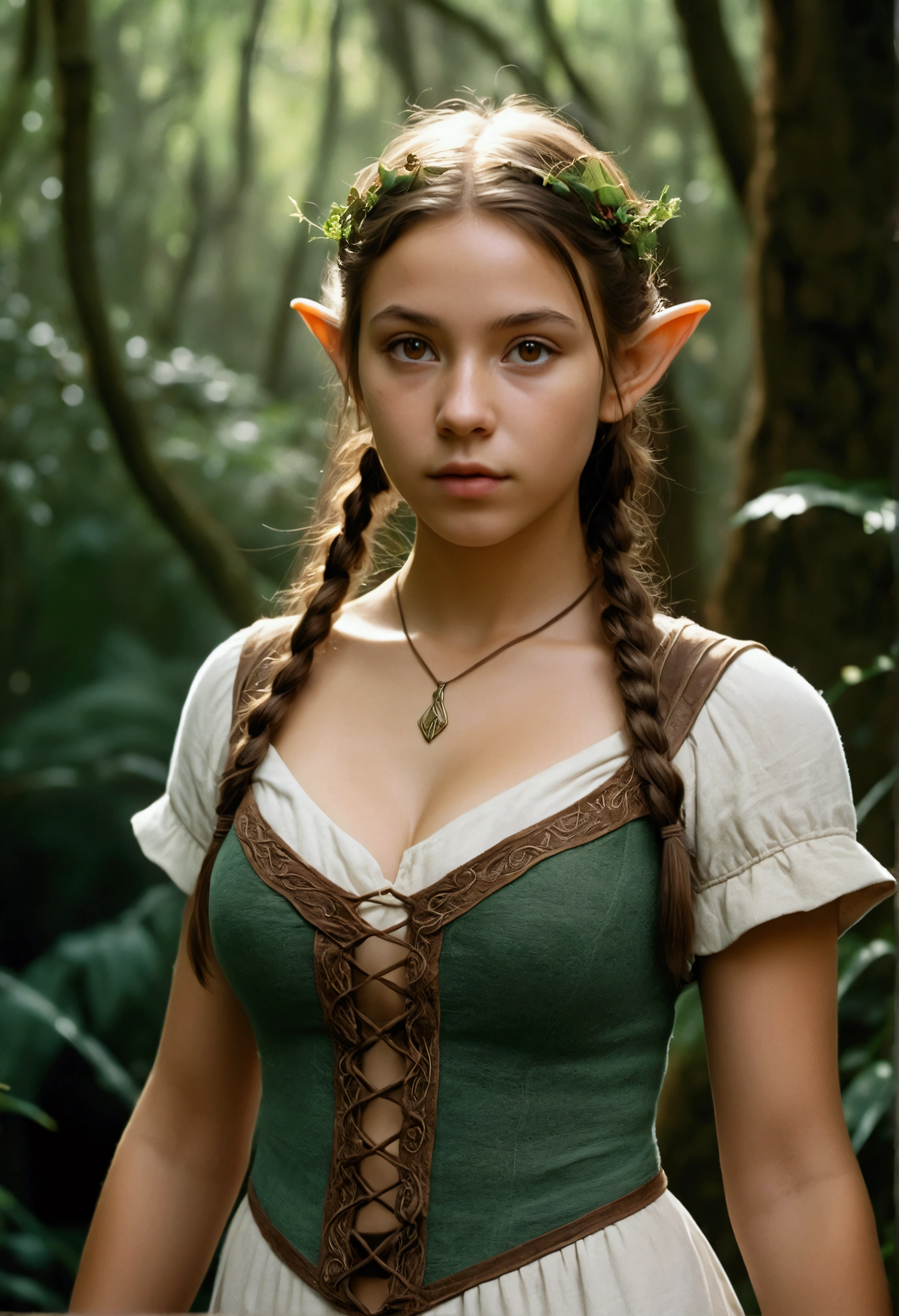 analog film photo, photo of a young elven girl, 18 years old, elf ears, amber eyes, shaggy brunette ponytail, tan complexion, Amazonian stature, voluptuous hourglass figure, busty bosom, narrow waist, full hips, big plump buttocks, wearing a linen mini-dress, strolling through a fantasy landscape, RAW Photograph, dslr, soft lighting, high quality, film grain, Fujifilm XT3, detailed skin with visible pores, insane details, masterpiece, 8k, 35mm photograph, dslr, kodachrome, faded film, desaturated, grainy, vintage, Lomography, stained, highly detailed, found footage, close-up shot, elven ears