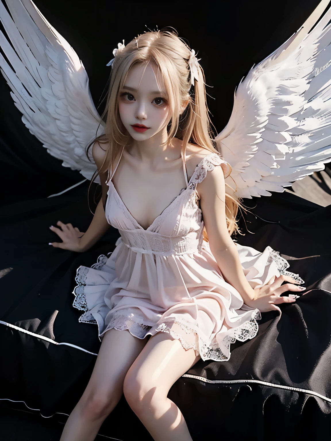 32K, Raw photo, Photorealistic, (Detailed skin, Best Quality:1.2), seductive succubus, (silver pink wings), Teenage Korean kpop idol girl with white angel wings flying high in the evening sky, ((see through evening dress, white lace dress)), (((flat chest:1.4))), (light blonde hair, long  straight hair), (Neat face, pale skin), full body shot, translucent black cloth is wrapped around the body, thighs, sunset sky high, sunset light,Beautiful nipples,Light clothing,Are thin,